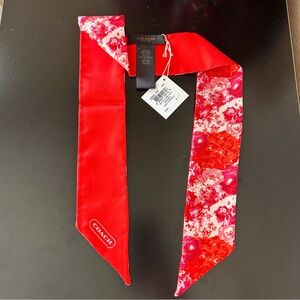Coach Red and Pink Peyton Floral Silk Skinny Scarf